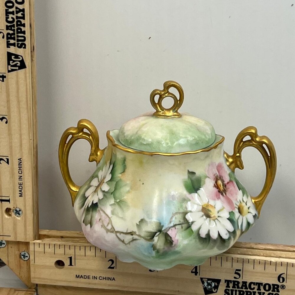 Vintage Floral Decorative White Green Sugar Bowl with Gold Handles and Lid